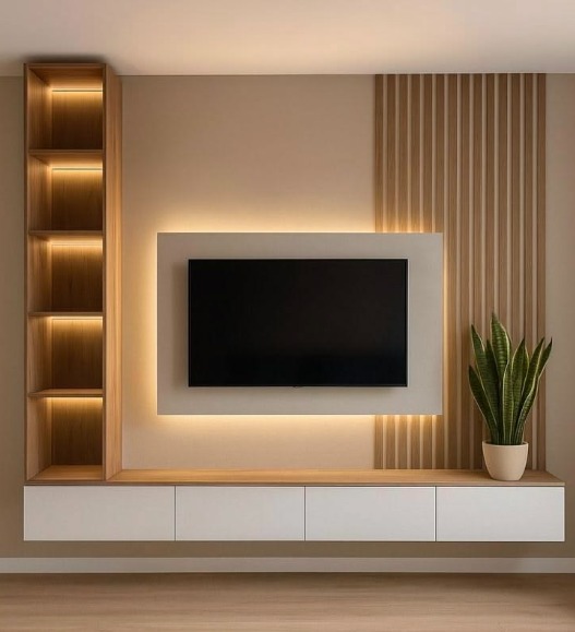 Centro de TV moderno con panel decorativo y repisas iluminadas